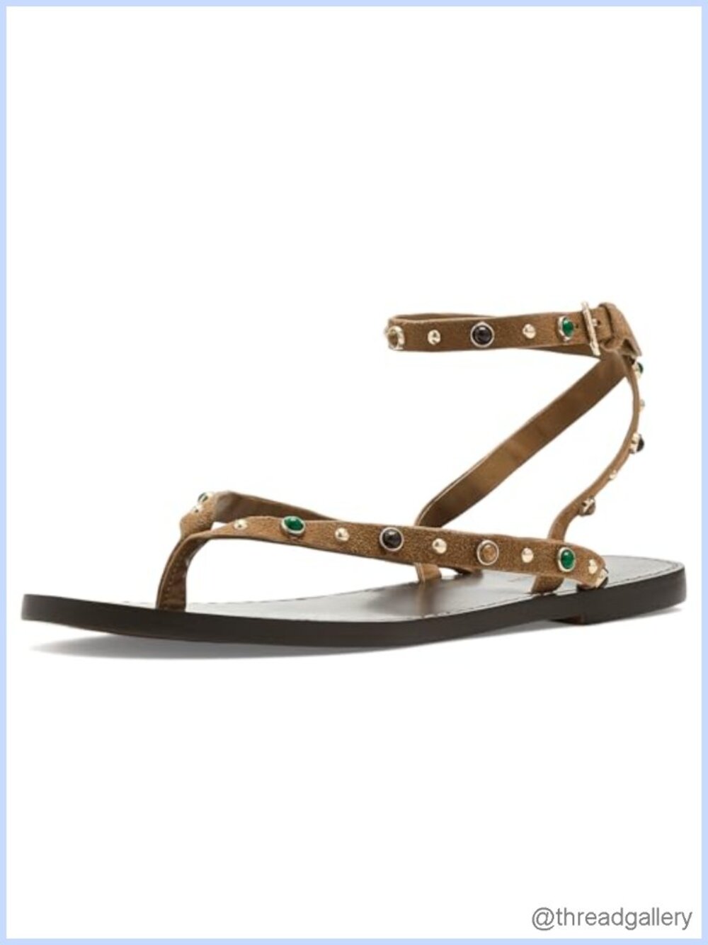 Suede Thong Flat Sandals with Ankle Strap and Buckle Closure